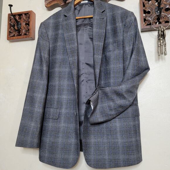 Joseph Abboud Heritage Marzotto Super 110s 100% Wool Gray Blue Plaid Blazer✨️44R - Picture 5 of 15